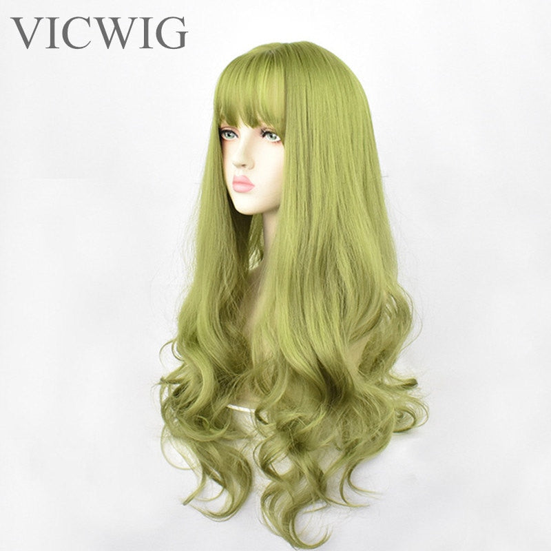 24inch Synthetic Green Black Hair Curly Big Wave Cosplay  Wigs With Bangs for Women African American Heat Resistant Fiber Hair