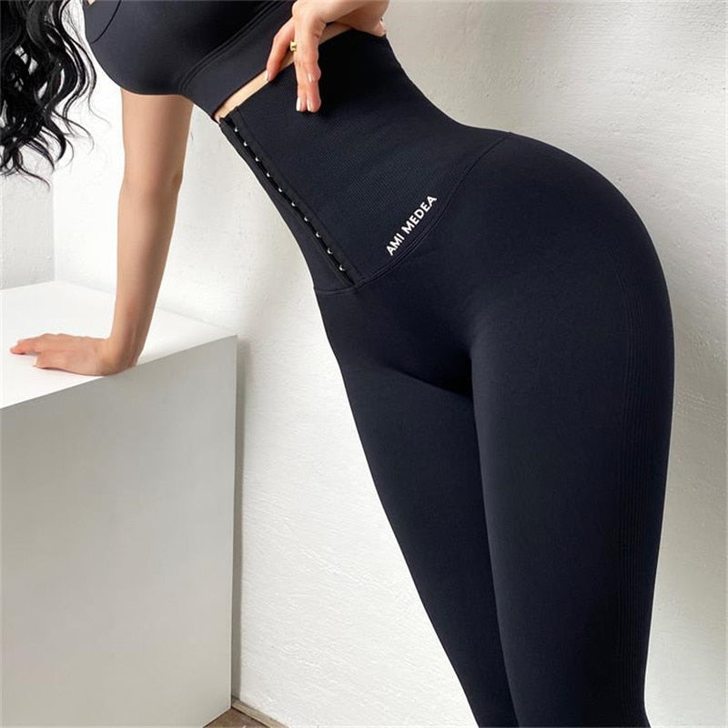 Seamless High Waist Compression Sports Pants Women Abdomen  Adjustable Push Up Yoga Pants Stretchy Running Gym Fitness Leggings