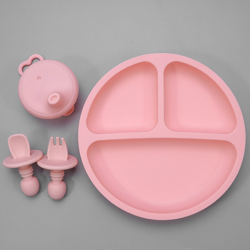 Accesorios para bebés, plato de cena de silicona para alimentación de niños pequeños, cuchara tenedor infantil suave impermeable con cubierta de taza de silicona portátil para niños