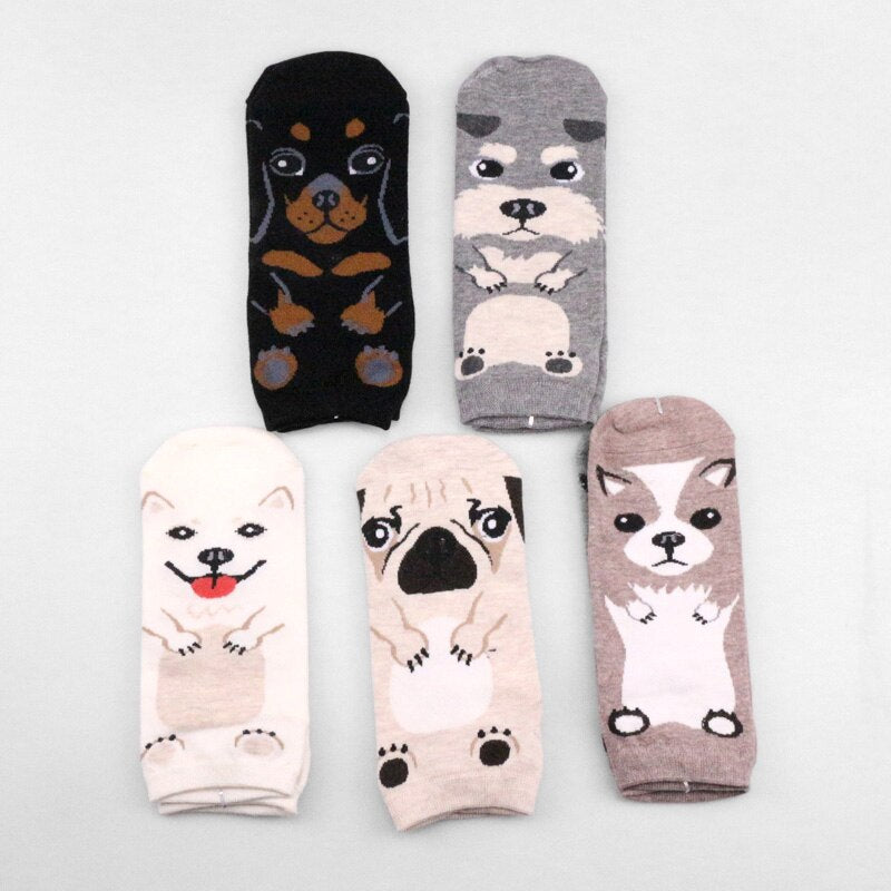 5 pairs/lot pack Cute Animal Pug Dog Cat Happy Women Cartoon Lolita  Girl Socks Cotton Short Socks Funny Socks Female With Box