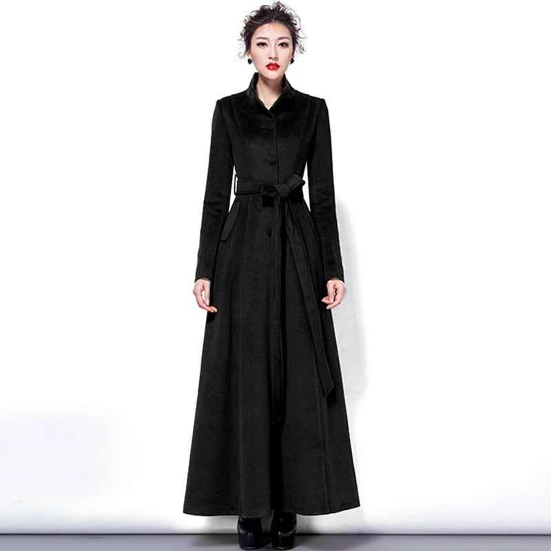 S-3XL Women Long Wool Coat Autumn Winter New Fashion Thick Warm Turtleneck Adjustable Waist Sashes Woolen Tops Outerwear Female