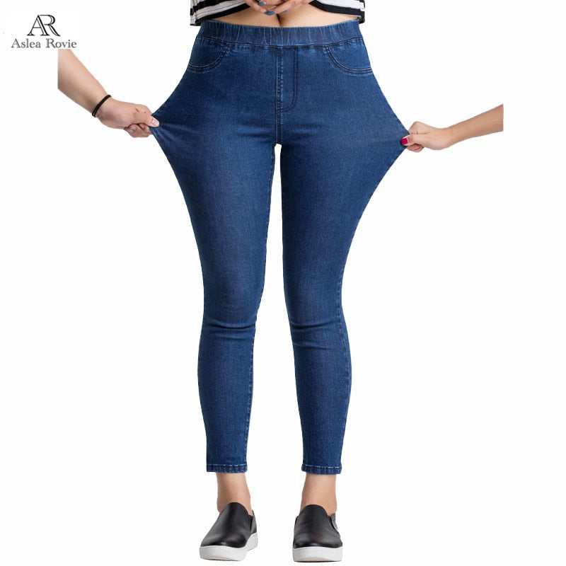 Women Jeans Casual High Waist Summer Autumn Pant Slim Stretch Cotton Denim Trousers For Woman Blue Black  100kg