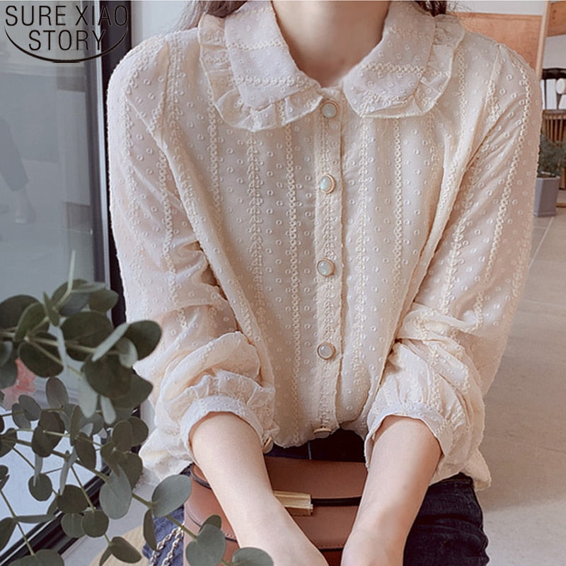 Doll Collar Sweet Chiffon Shirts Women Blouses 2023 Autumn Long Sleeve Fashion Dot Shirt Blusas Ladies Casual Tops 3XL 10351