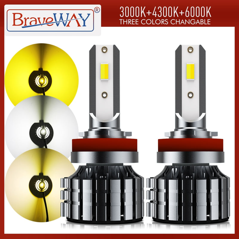 BraveWay 3Colors Car LED Headlight 3000K+4300K+6000K H1 H3 H4 H8 H11 HB3 HB4 H7 LED Bulbs 12V 12000LM Fog Lights Yellow White