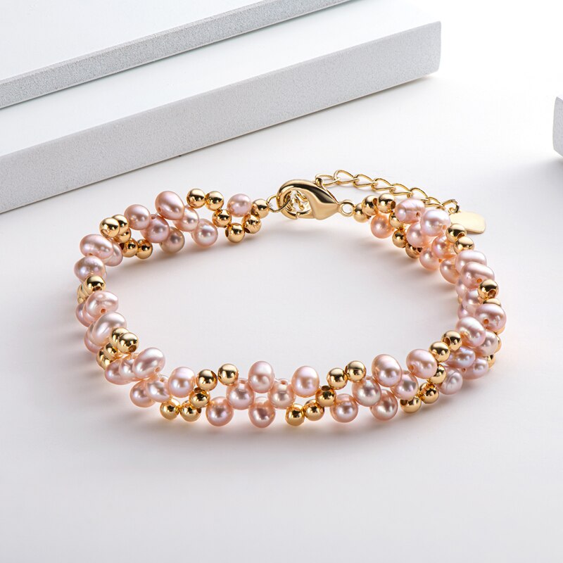 Lnngy, pulsera multicapa con relleno de oro de 14 quilates, pulsera de moda trenzada con perla ovalada de agua dulce Natural de 4-5mm, brazalete para mujer, joyería