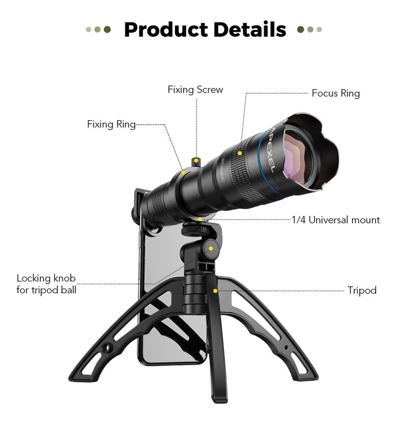 APEXEL Optional HD 36X metal telescope telephoto lens monocular mobile lens+ selfie tripod for Samsung Huawei all Smartphones