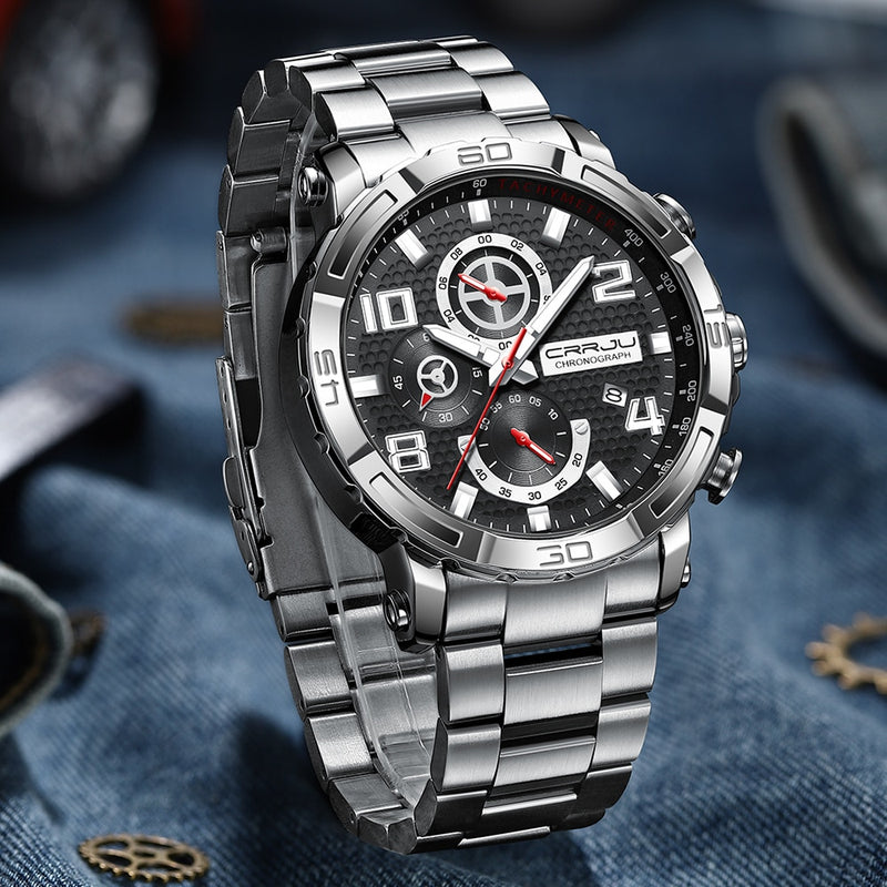 CRRJU Men Watches Big Dial Waterproof Stainless Steel with Luminous handsDate Sport Chronograph Watches Relogio Masculino