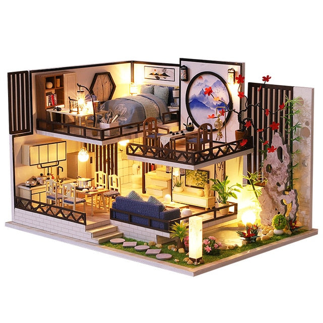 CUTEBEE Dollhouse Kit with Furniture Led Lights Diy Miniature House to Build Tiny Doll House Cozy Time for Children Toy Gift