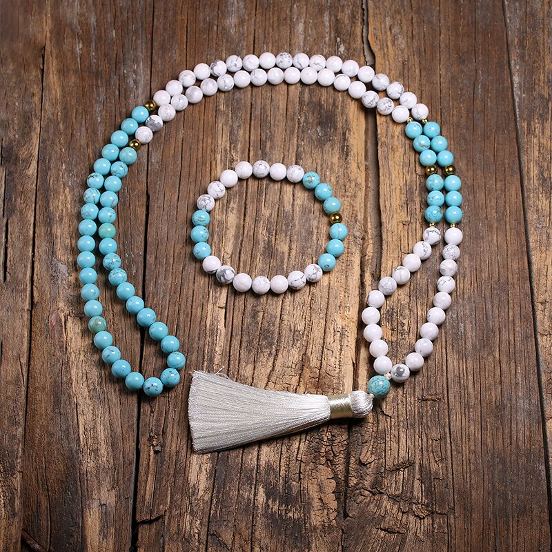 8mm Natural White Howlite Stone Beads and Blue Turquoise Bracelet For Women Men Necklace Sets Meditation 108 Mala Beads Jewelry