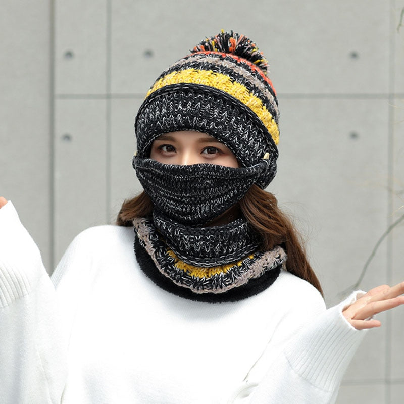 2020 Mütze Winter Frauen Maske Sturmhaube Mütze für Mädchen Schal dickes warmes Fleece innen gestrickte Mütze Schal Set 3-teilige Wintermützen