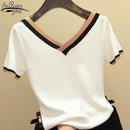 V-Ausschnitt Kurzarm Shirt Frauen Kontrastfarbe Gestreift Gestrickt 2023 Sommer Tops Shirt Koreanische Kleidung Femme Camisetas Mujer 13362