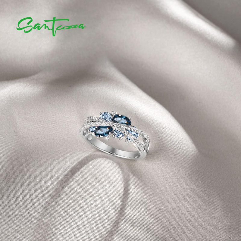 SANTUZZA Silver Rings For Women Genuine 925 Sterling Silver Shimmering Blue Spinel Cubic Zirconia Trendy Luxury Fine Jewelry