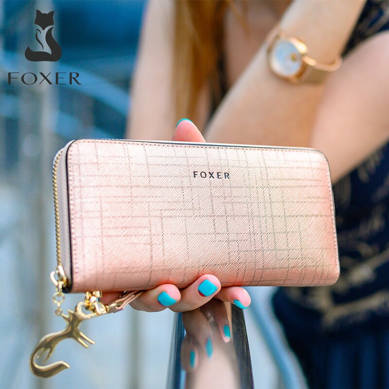 FOXER, cartera de cuero dividida para mujer, bolso de mano plegable con muñequera, tarjetero a la moda, monedero, bolso para teléfono móvil, monedero femenino