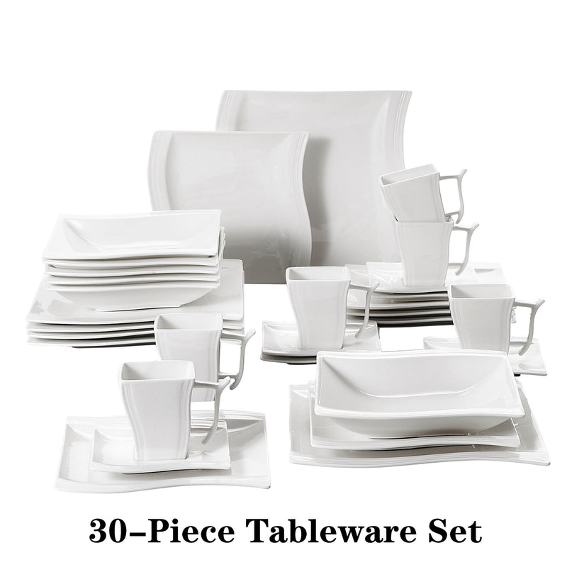 MALACASA FLORA Tafelservice aus weißem Porzellan, 30/60-teilig, mit 12 x Tasse, Untertasse, Dessert-Suppenteller, Geschirr-Set für 12 Personen