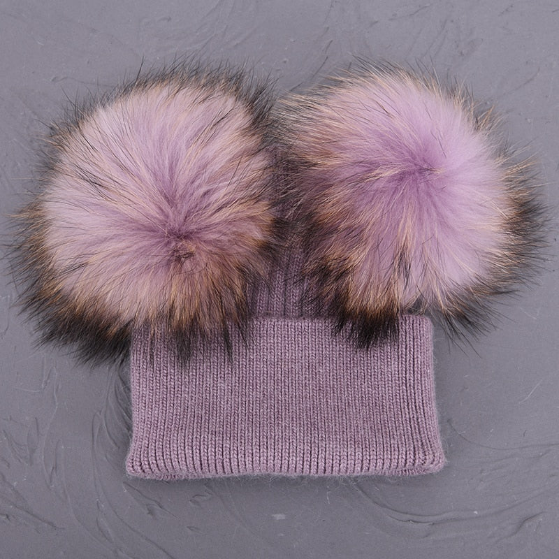 Double Real Raccoon Fur Pompom Hat Women Winter Caps Knitted Wool Hats Skullies Beanies Girls Female Two Fur Pom Pom Beanie Hat