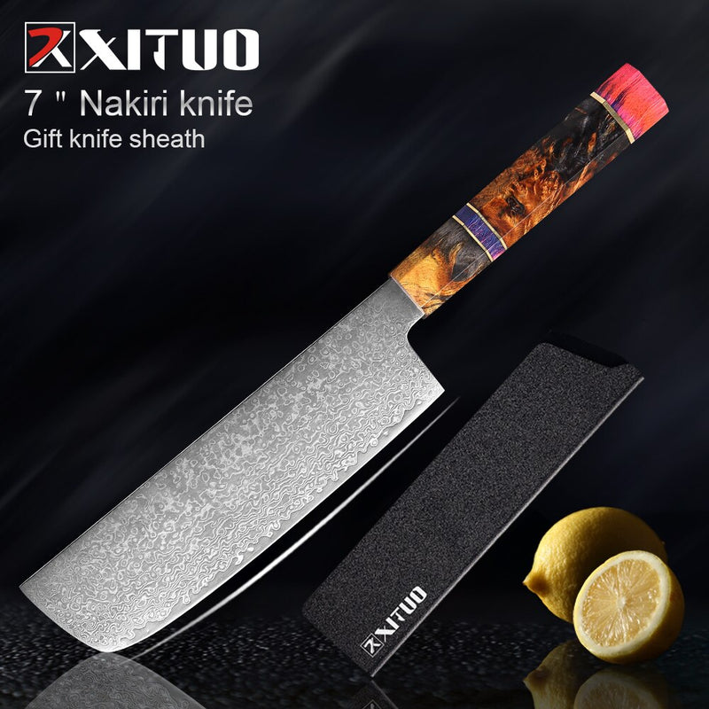 XITUO Kitchen Chef Knife High Quality VG10 Japanese Damascus Steel Octagonal Stable Wooden Handle Cleaver Knife Cooking Tool