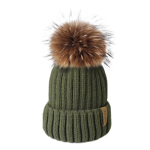 Furtalk Echtpelz Bommel Beanie Mütze Damen Winter Strickmütze Warme echte große Waschbär Pom Pom Mütze für Damen