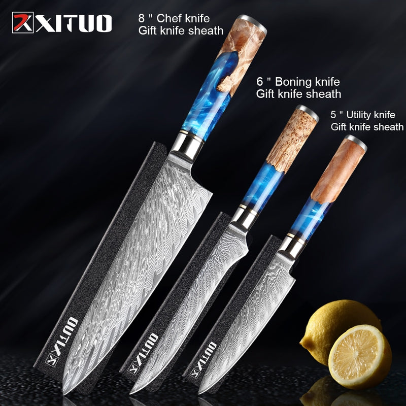 XITUO Kitchen Knives-Set Damascus Steel Chef Knife Cleaver Paring Utility Bread Knife Cooking Tool Blue Resin Handle 1-6Pcs/Set