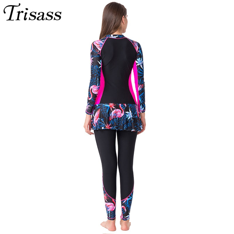 Trisass 2021 New Women One Piece Skirt Swimsuit Sports Bathing suit Plus Size Swimwear Print Long Sleeve Pants Zipper Surf suit