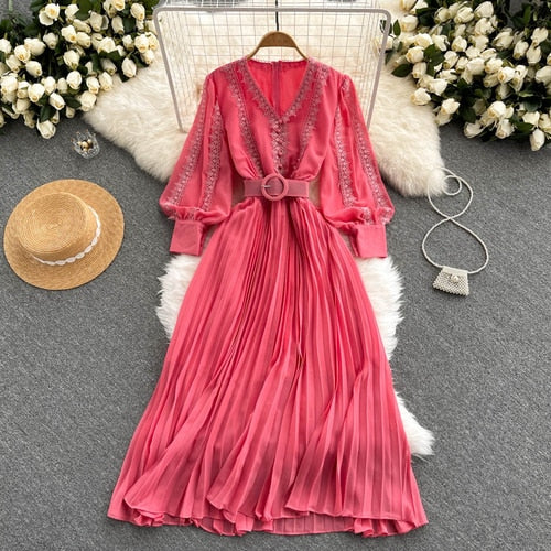 Women Lace Patchwork Pleated Chiffon Long Dress Autumn Winter Red/Black/Blue Draped Party Vestidos With Sashes Female Robe 2021