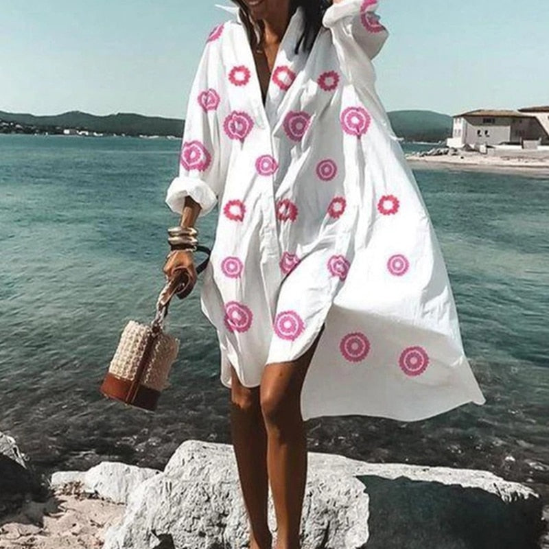 2021 Summer Women Dresses Turn-down Collar Print Casual Long Sleeve Shirt Dress Oversized Loose Beach Party Vestidos Robe Blouse