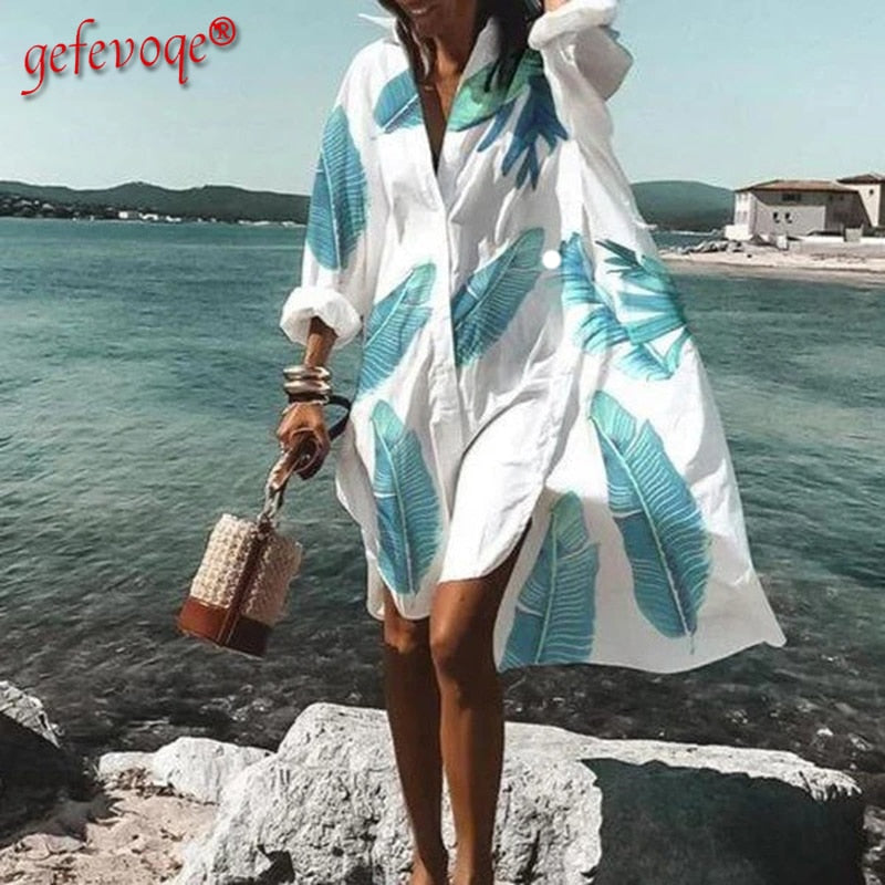 2021 Summer Women Dresses Turn-down Collar Print Casual Long Sleeve Shirt Dress Oversized Loose Beach Party Vestidos Robe Blouse