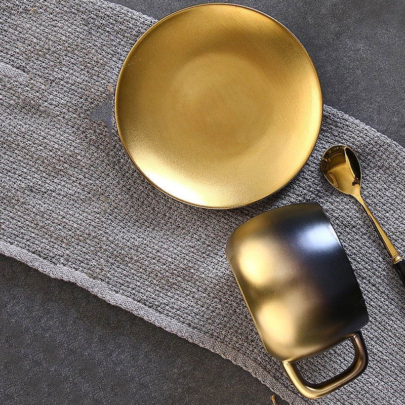 Luxus Schwarz Gold Keramik Kaffeetasse Espresso Kaffee Tee Frühstück Milch Tasse Und Untertasse Set Mit Löffel Und Untertasse Geschenkbox Set