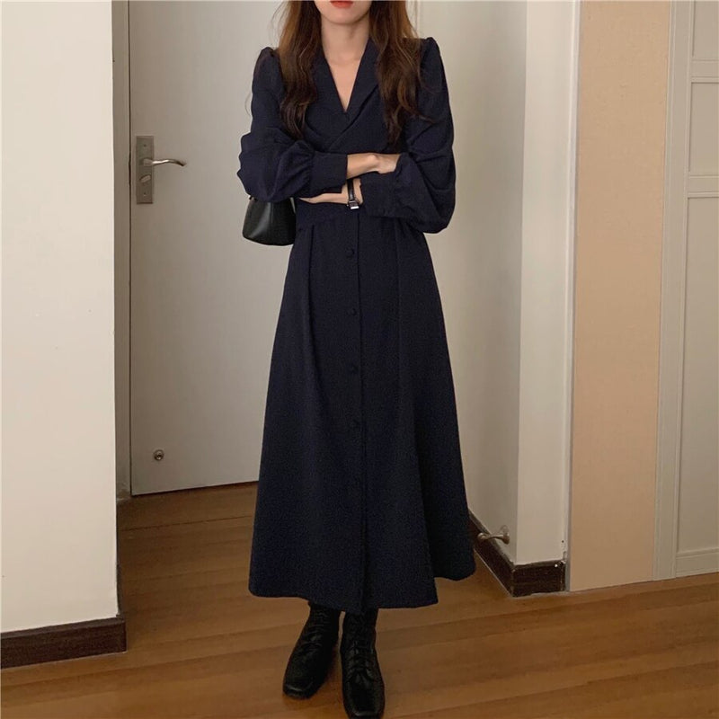 HziriP Notched Single Breasted Women Suit Dress New Minimalist Autumn Dress Elegant OL Long Sleeve Solid Long Dresses Vestidos