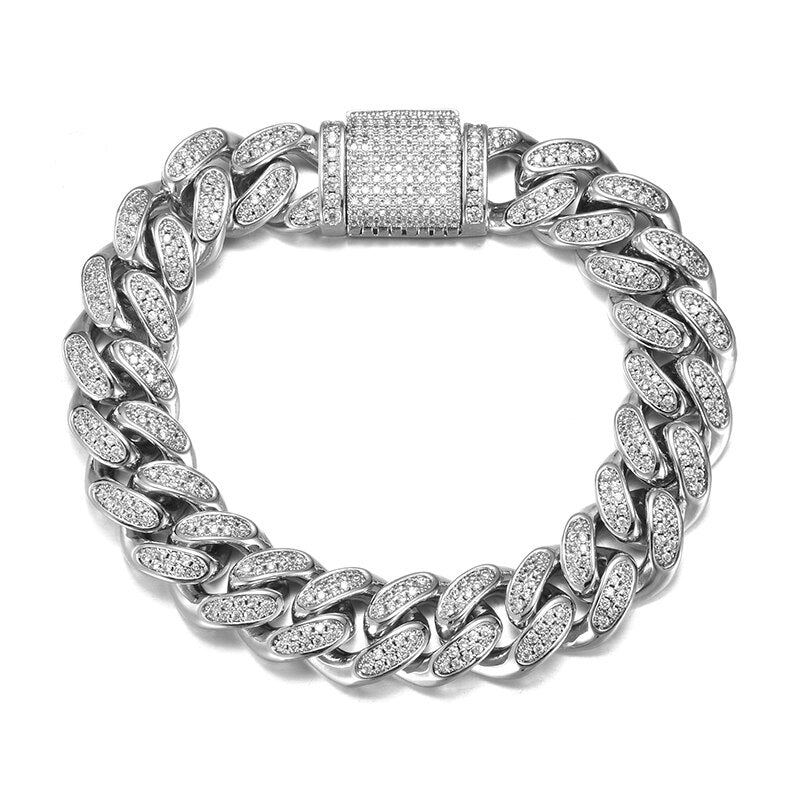 Hip Hop Heavy Iced out 12MM caja grande hebilla cadena cubana cobre AAA + Cubic Zirconia piedras pulsera para hombres rapero joyería