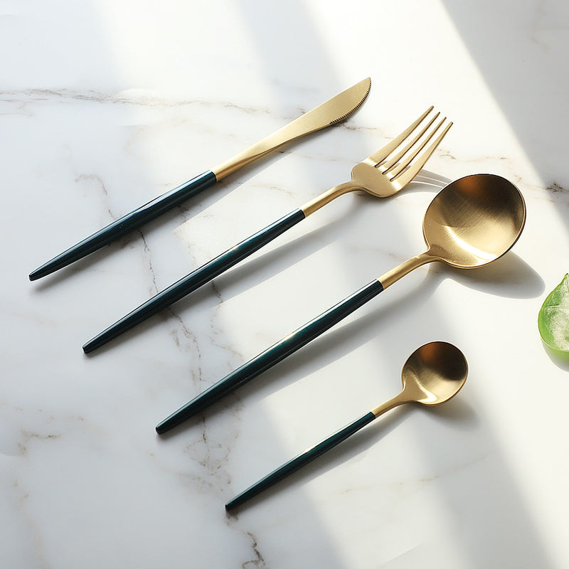 4Pcs Stainless Steel Green Gold Cutlery Dinnerware Set Chopsticks Butter Knife Dessert Spoon Dinner Fork Tea Spoon Tableware Set