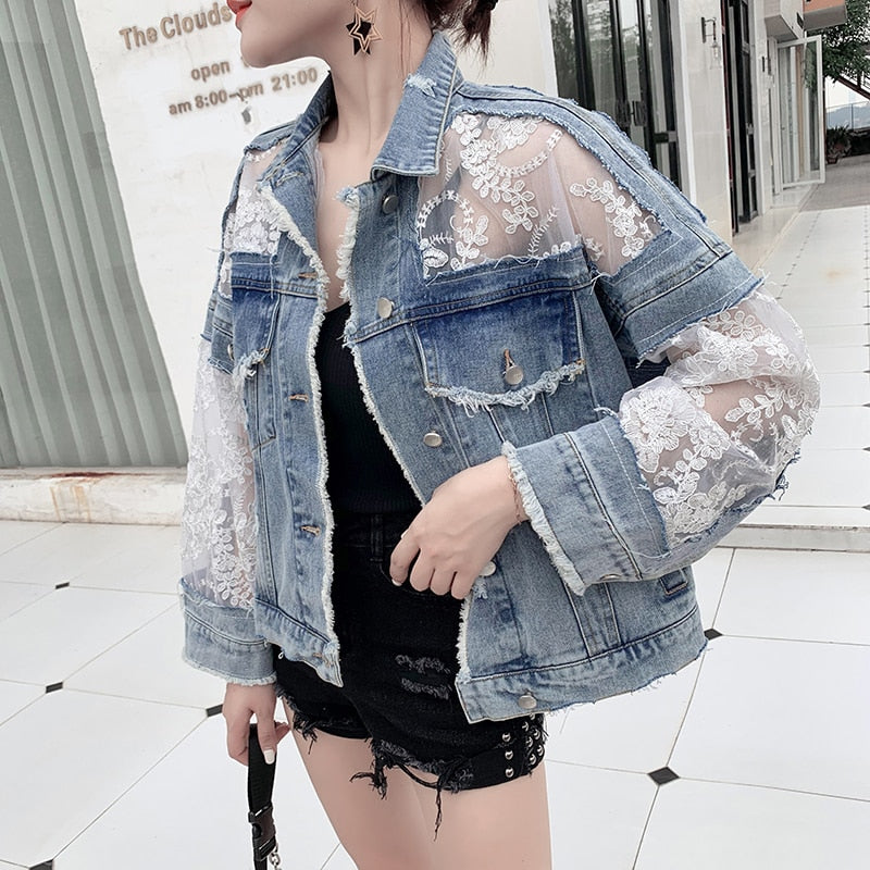 2020 Neue Sommer Langarm Große Größe Jeans Jacken Frauen Mantel Lose Spitze Nähte Perspektive Top Jacke Damen Denim Mantel