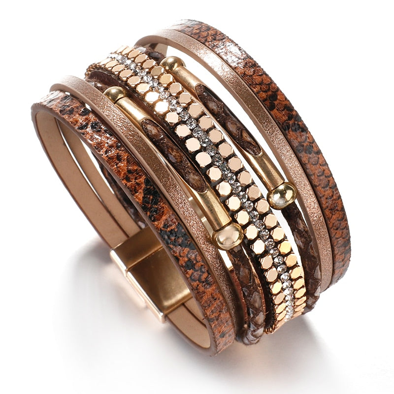 Amorcome Snakeskin Pattern Leather Bracelets for Women 2022 Trendy Metal Pipe Wide Multilayer Wrap Bracelet Female Jewelry Gift
