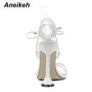 Aneikeh Summer Woman Shoes Sandals Basic Pu Fashion Cross-tied Spike Heels Lace-Up Party Pumps size 35- 42 Black White Apricot