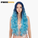 FREEDOM Synthetische Spitzeperücken Lange Natürliche Welle 30 Zoll Omber Blue Rainbow Color Pink Hair Perücken Hitzebeständige Faser Cosplay Perücken