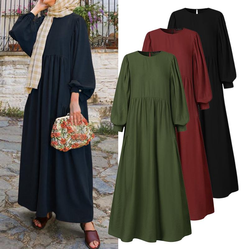 Retro Muslim Dress Women Long Puff Sleeve Abaya Turkey Hijab Dress ZANZEA Casual Solid Islamic Clothing Dubai Sundress Robe