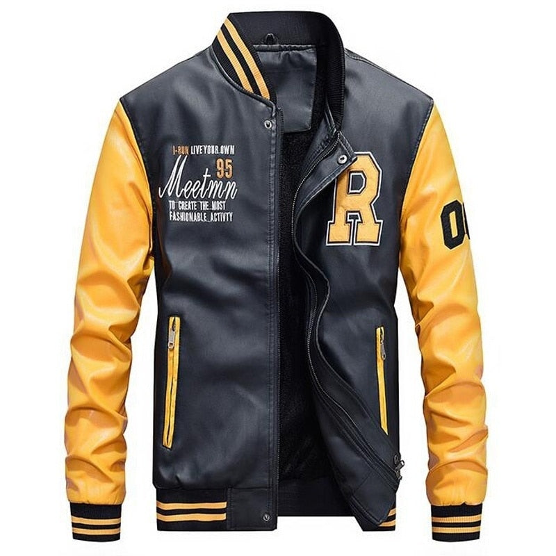 Bomber Lederjacke Herren Baseballjacken Biker PU Mantel Faux Pilot Varsity Fleece College Top Leder Schwarz Slim Fit Motorrad