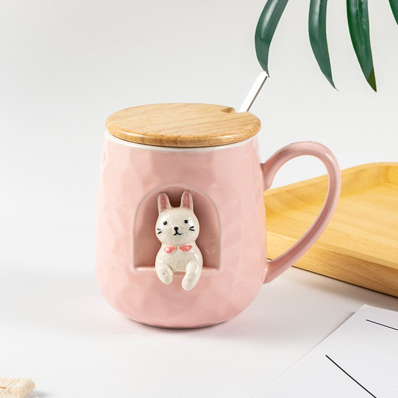 Taza de cerámica con relieve de animales bonitos de 430ml con tapa y cuchara, taza con asa para café, té de la leche, regalos novedosos