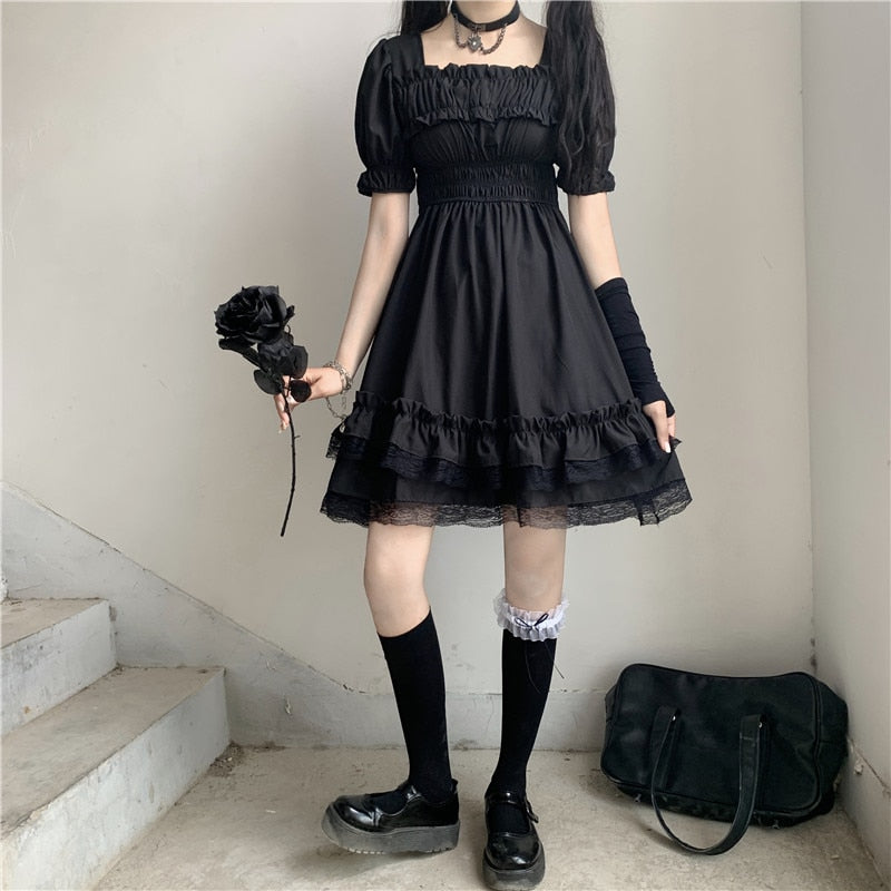 Japanese Harajuku Dark Style Summer New Dresses Vintage Square Collar Lace Puff Sleeve Dress Sweety Ruffles Hepburn Black Dress