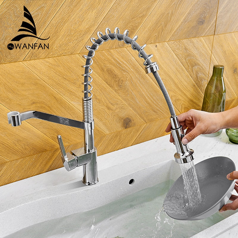 Modern Polished Black Brass Kitchen Sink Faucet Pull Out Single Handle Swivel Spout Vessel Sink Mixer Tap 9013