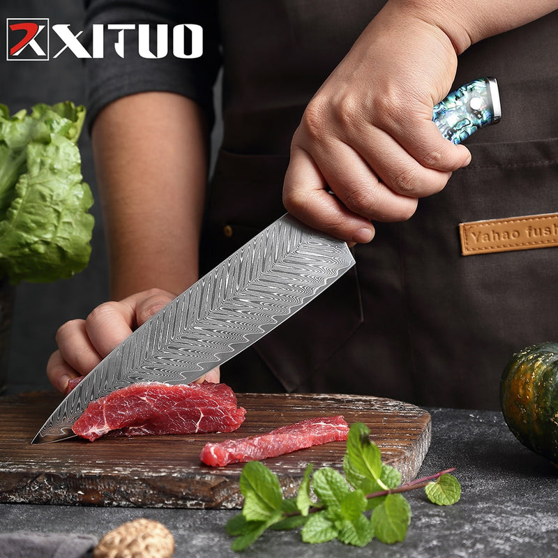 Juego de cuchillos de acero de Damasco XITUO, 1-5 uds., herramientas de cocina, cuchillo de Chef, cuchillos japoneses Santoku, cuchillo para deshuesar, mango de concha exquisito nuevo