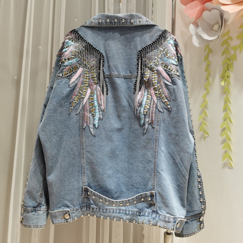 Rivet Wings Punk Coats Damen Casual Bestickte Jeansjacke 2021 Sprint Short Denim Coat Jacken für Damen Langarm