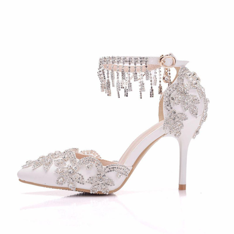 Crystal Queen Women White Tassel Wristband Wedding Shoes Bride High Heels Sandals Female Dress Pumps