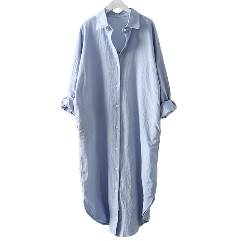 Blusa de algodón para mujer, vestido de camisa, vacaciones en la playa, algodón de lino nuevo, informal, de talla grande, camisa de sección larga para mujer, blanco/azul