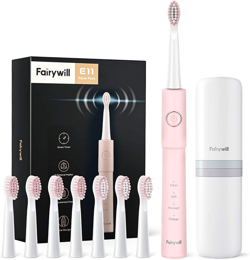 Cepillo de dientes eléctrico Fairywill Sonic E11, cepillo de dientes eléctrico recargable a prueba de agua con carga USB, 8 cabezales de repuesto para adultos