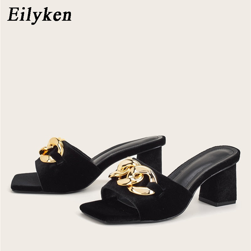 Eilyken Summer Carnival Party Women Slippers Fashion Chain Design Ladies Sandals Gladiator Open Toe Square Heels Shoes Female