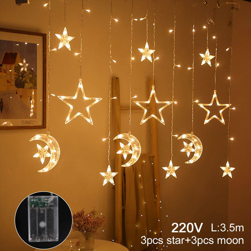 Eid Mubarak Star Moon Led cortina guirnalda luces Ramadán decoración Islam musulmán fiesta decoración Eid Al Adha regalos Eid luces