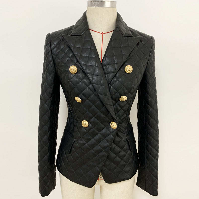 TOP QUALITY 2022 Newest Designer Jacket Women's Double Breasted Lion Buttons Grid Sewing Synthetic Leather Blazer