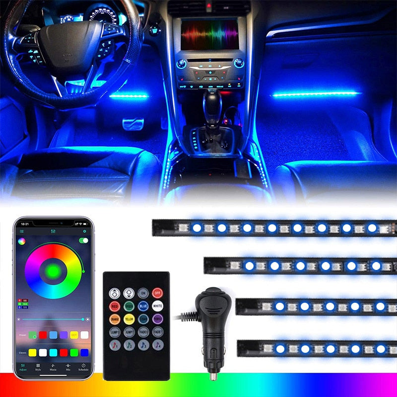 Led Car Interior Backlight With Usb Cigarette Lighter Ambient Atmosphere Mood Light Rgb Remote App Auto Foot Decorative Lamp