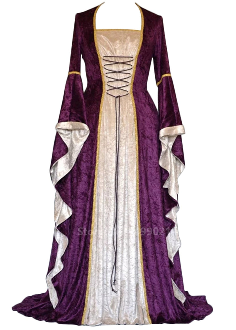 Halloween Women European Medieval Retro Court Princress Cosplay Costume Long Dress Elegant Witch Square Collar Masquerade Wear