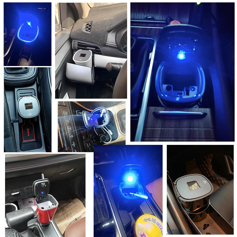 Cenicero portátil para coche con luz LED azul, energía Solar automática, taza para humo de cigarrillo, cenicero para accesorios de coche